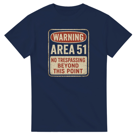 Marinblå t-shirt med tryck som liknar en Area 51-varningsskylt i retrostil
