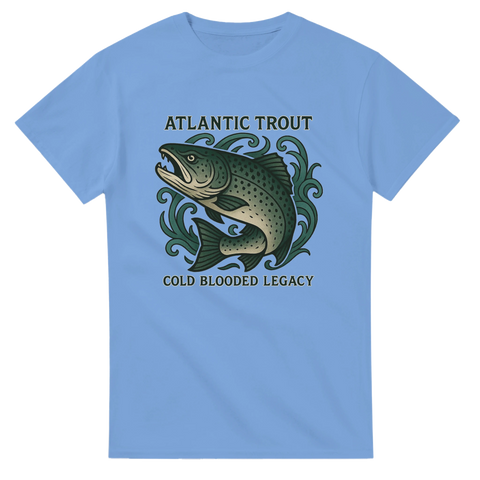 Carolina Blue t-shirt med illustration av en atlantisk öring och texten "Atlantic Trout – Cold Blooded Legacy"