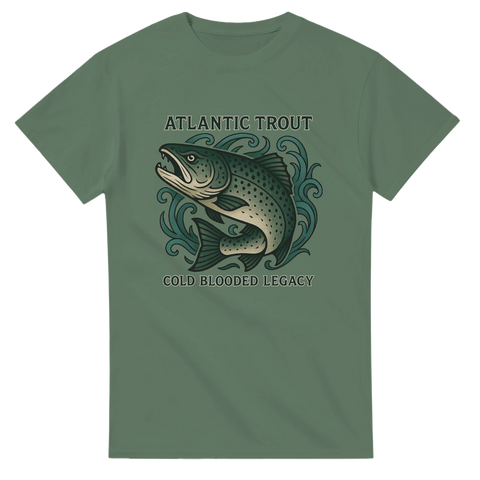Militärgrön t-shirt med illustration av en atlantisk öring och texten "Atlantic Trout – Cold Blooded Legacy"