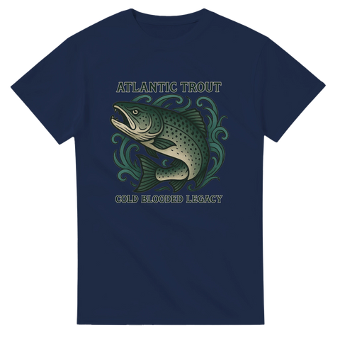 Marinblå t-shirt med illustration av en havsöring och texten "Atlantic Trout – Cold Blooded Legacy"