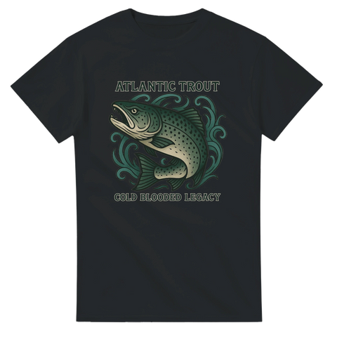 Svart t-shirt med illustration av en atlantisk öring och texten "Atlantic Trout – Cold Blooded Legacy"
