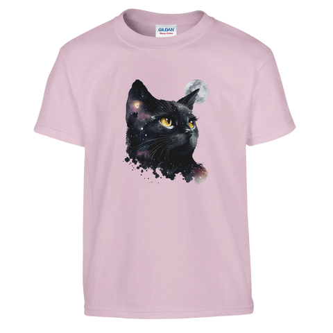 T-shirt med drömskt motiv av katt i rymden under fullmåne