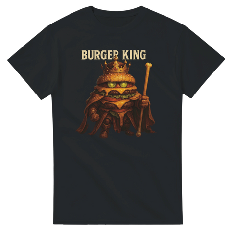 T-shirt med tecknad hamburgare i mantel och krona, med texten "BURGER KING"