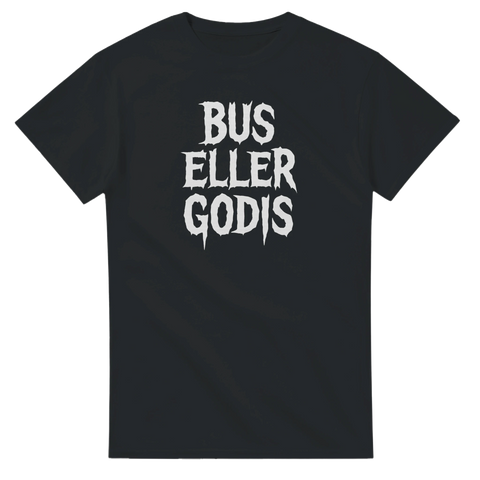 Svart t-shirt med texten Bus eller godis i vit skräckstil
