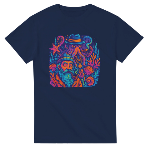 Tecknad t-shirt med bläckfisk i hatt, skäggig man och neonfärgad undervattensvärld.