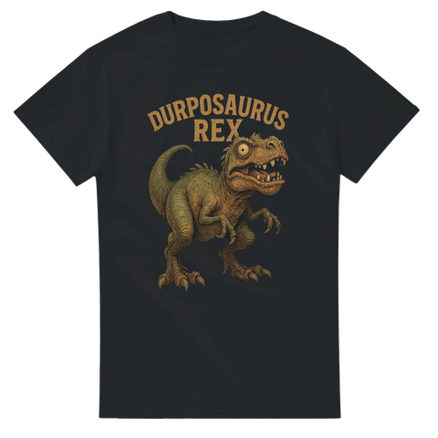 Rolig T-shirt med tecknad dinosaurie och texten Durposaurus Rex – perfekt för humor, självdistans och som present till den klantiga kompisen