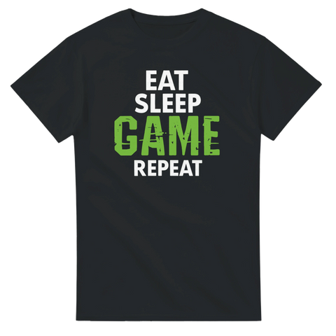 Svart t-shirt med texten Eat Sleep Game Repeat i vit och grön stil