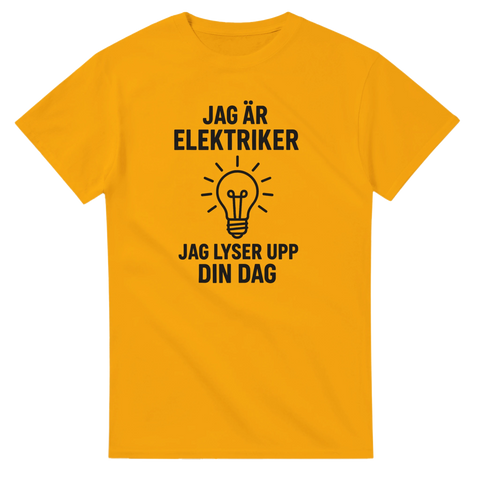 Gul t-shirt med texten Jag är elektriker jag lyser upp din dag och glödlampa
