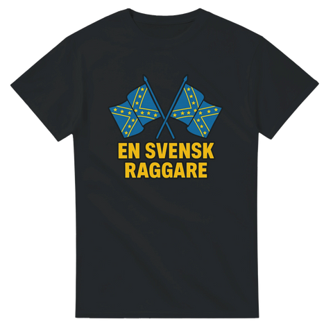 T-shirt med två korsade svenska sydstatsflaggor och texten “En Svensk Raggare” i gult