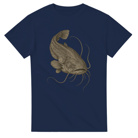 Marinblå t-shirt med realistisk illustration av en europeisk mal med långa skäggtömmar.