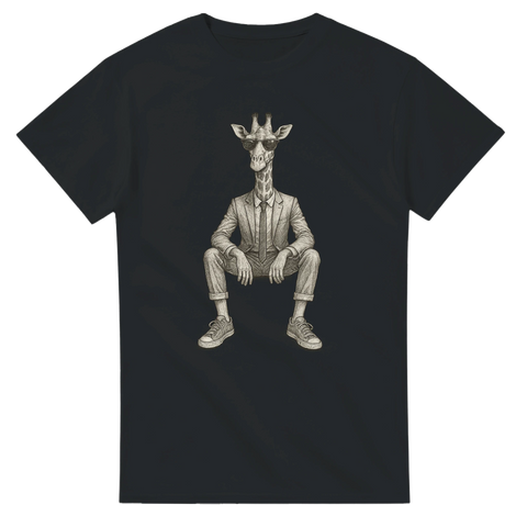 T-shirt med sittande giraff i kostym och sneakers, svart bakgrund