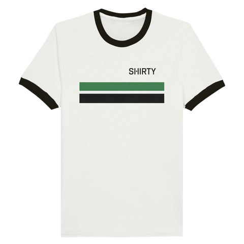 Retro T-shirt med grönsvart mönster och Shirtys logo.