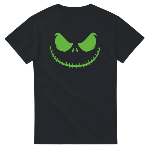 svart T-shirt med grönt skrämmande leende i halloweenstil