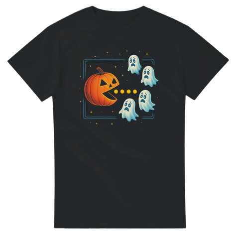 svart T-shirt med pacman-inspirerad pumpa som jagar spöken i halloweensti