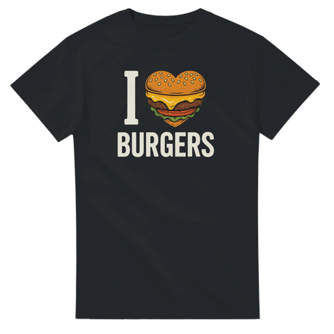 Svart t-shirt med texten I love burgers och ett hjärta format som en hamburgare