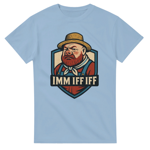 T-shirt med designen IMM IFF IFF som parodierar MFF och skånsk dialekt, med tecknad arg man i supporterstil.