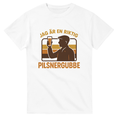T-shirt med texten Jag är en riktig pilsnergubbe och retro silhuett med ölglas
