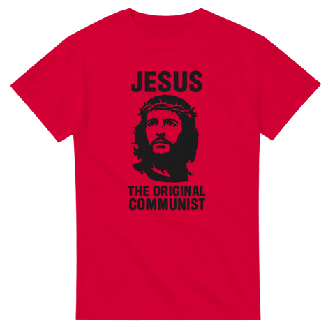 Röd t-shirt med svart tryck Jesus – The Original Communist i ikonisk designstil