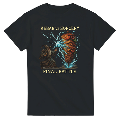 T-shirt med tecknad scen där en trollkarl skjuter blixtar mot ett svävande kebabspett, med texten "Kebab vs Sorcery – Final Battle"