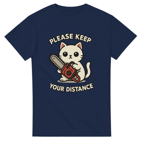 Mörkblå t-shirt med tecknad vit katt som håller en motorsåg och text "Please Keep Your Distance".