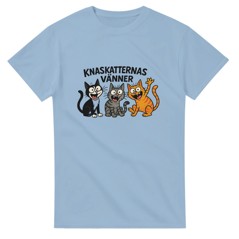 Blå t-shirt med roliga kattfigurer och humoristisk text