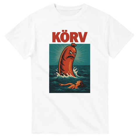 Vit t-shirt med illustration av arg korv som attackerar badare