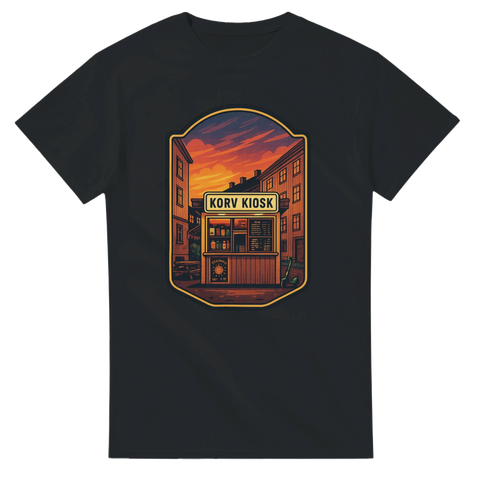 T-shirt med retrodesign av klassisk svensk korvkiosk i kvällsljus.