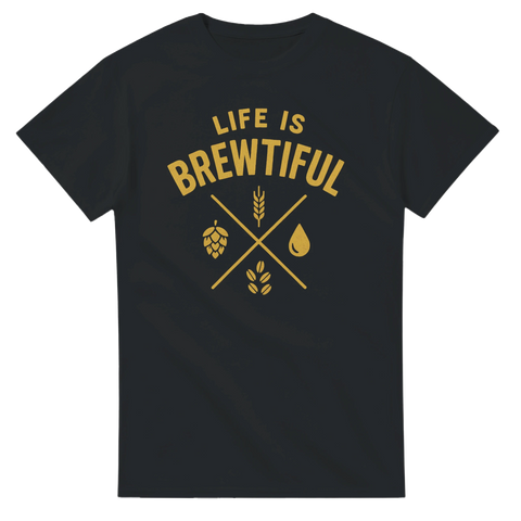 Svart t-shirt med gul text Life is Brewtiful och ölmotiv