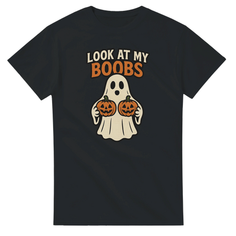 Svart T-shirt med ett tecknat spöke som håller två pumpor och texten “Look at my Boobs”.