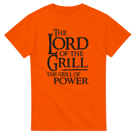 Orange t-shirt med svart text The Lord of the Grill – The Grill of Power