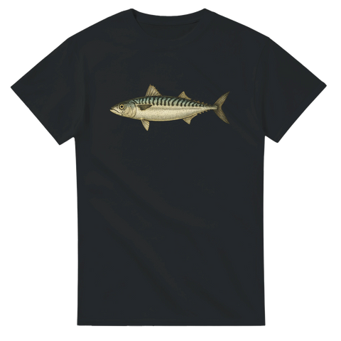 T-shirt med makrill – Vintage fiskillustration på svart tyg