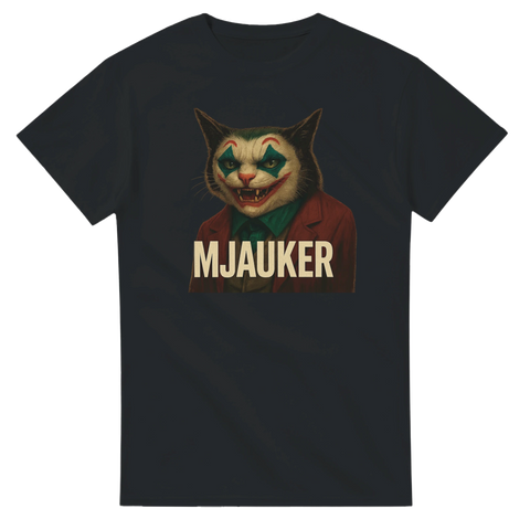 Svart t-shirt med katt i clownsmink och kostym, parodi på Jokern, text "Mjauker".
