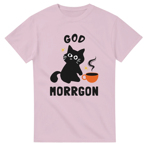 Rosa t-shirt med tecknad svart katt och kaffekopp samt texten “God Morrgon”
