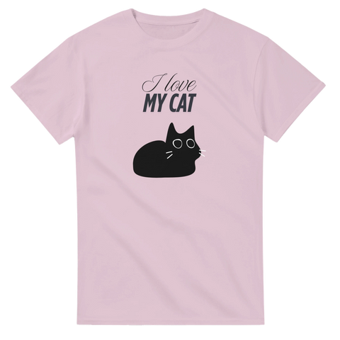 Rosa t-shirt med svart tecknad katt och texten “I love my cat”
