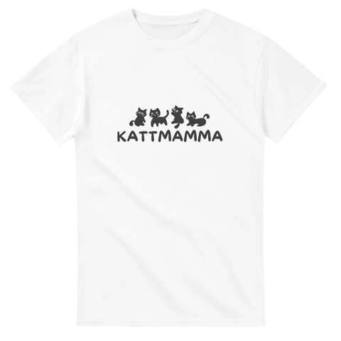 Vit t-shirt med tre tecknade katter och texten “Kattmamma”