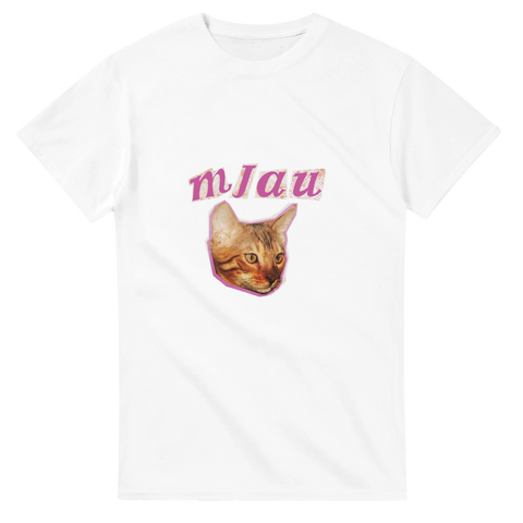 Vit t-shirt med kattansikte och glittrig rosa text “Mjau”
