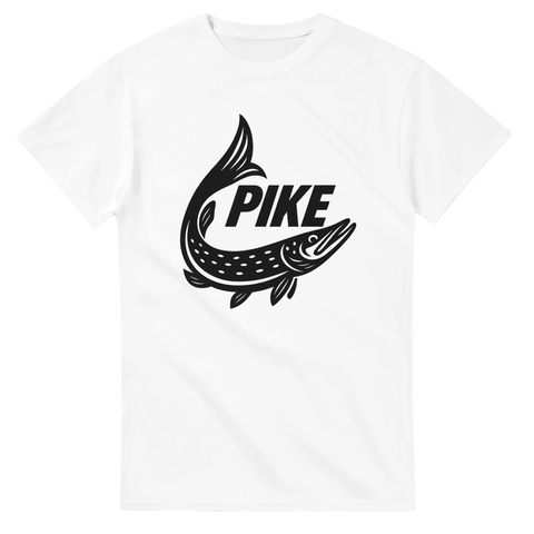 T-shirt med svartvitt motiv av en gädda i logotypstil och texten "PIKE".