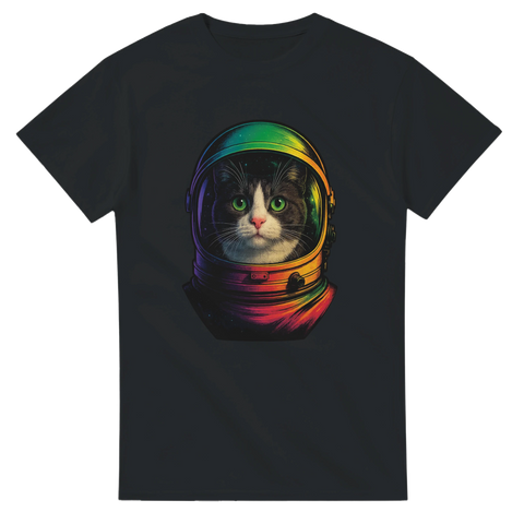 T-shirt med katt i astronautdräkt och neonfärgade detaljer
