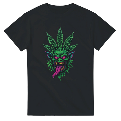T-shirt med grön goblin och cannabisblad som hår