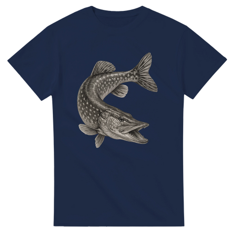 Marinblå t-shirt med naturtrogen illustration av en gädda i attackställning.