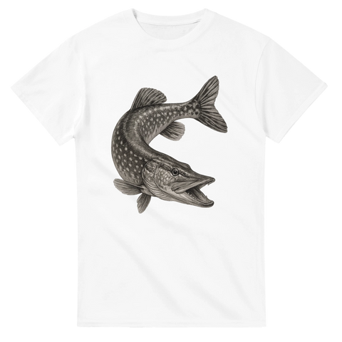 Vit t-shirt med naturtrogen illustration av en gädda i attackställning