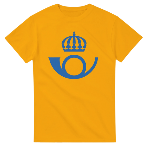 Gul t-shirt med blå posten logotyp retrodesign