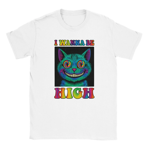 T-shirt med psykedelisk katt och texten "I Wanna Be High"