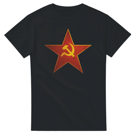 Svart t-shirt med röd stjärna och hammare-skära i vintage-stil