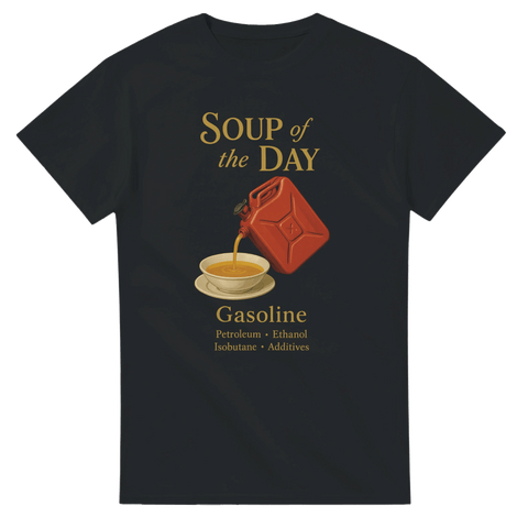 Svart t-shirt med tecknad soppaskål där bensin hälls upp från en röd dunk, med texten "Soup of the Day – Gasoline", perfekt för bilfolk och raggare.
