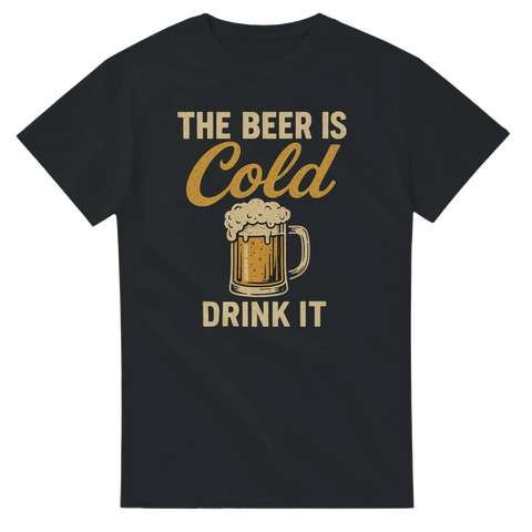 Svart t-shirt med ölsejdel och texten The Beer is Cold Drink It