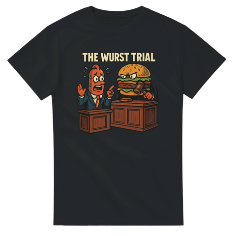 En tecknad t-shirtdesign som visar en korv som advokat och en hamburgare som åtalad i en rättegångsscen, med texten "The Wurst Trial"