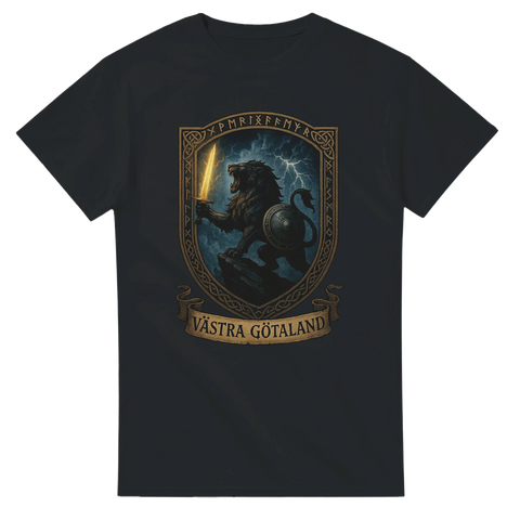 Svart t-shirt med sköldmotiv: ett lejon i storm med ett glödande svärd, texten "Västra Götaland" i banderoll.