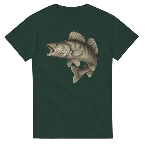 Mörkgrön t-shirt med detaljerad illustration av en gös med öppen käft och fena i attackläge