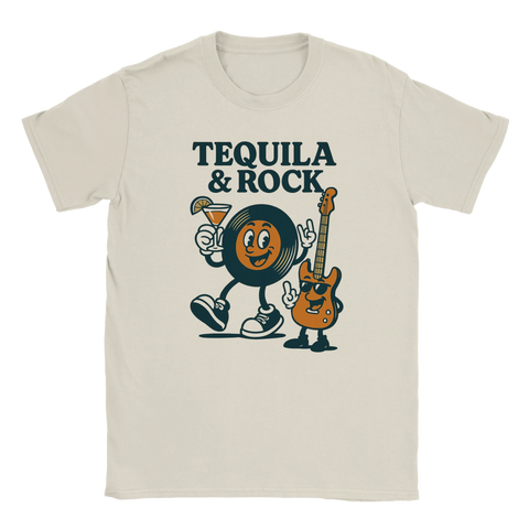 Beige t-shirt med tecknad vinylskiva som håller i en elgitarr och en tequilashot, samt texten "Tequila & Rock" i retrostil.